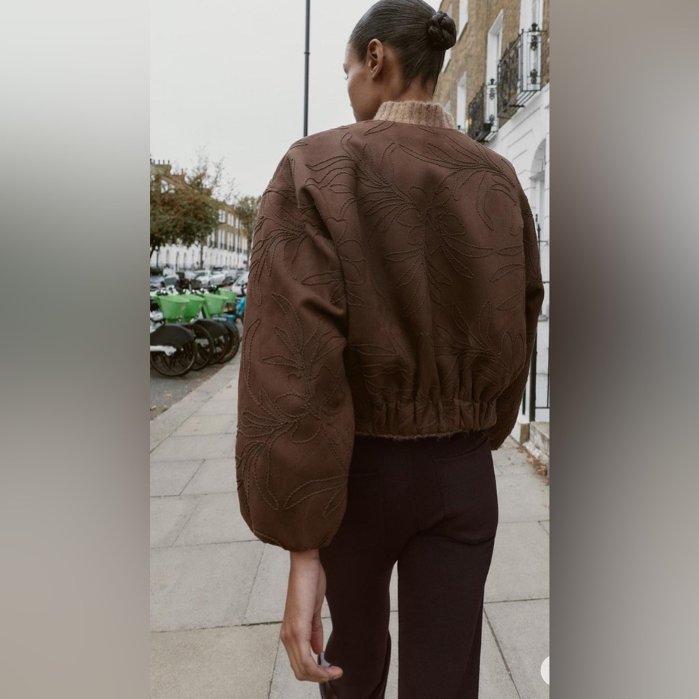 Zara Faux suede bomber jacket with embroidery - Picture 3 of 9